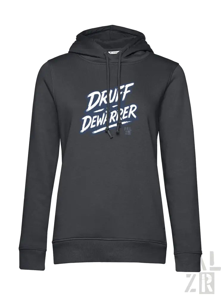 Schwarzer Hoodie mit ’druff demolper’ Grafikdesign, hergestellt aus einer Baumwoll- und Polyestermischung.