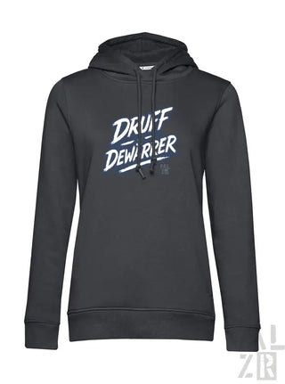 Schwarzer Hoodie mit ’druff demolper’ Grafikdesign, hergestellt aus einer Baumwoll- und Polyestermischung.