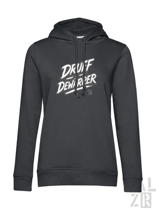 Anthrazit-graue Kapuzenjacke mit ’druff demurper’-Grafikdesign, Material aus Kapuzenschweißshirt.