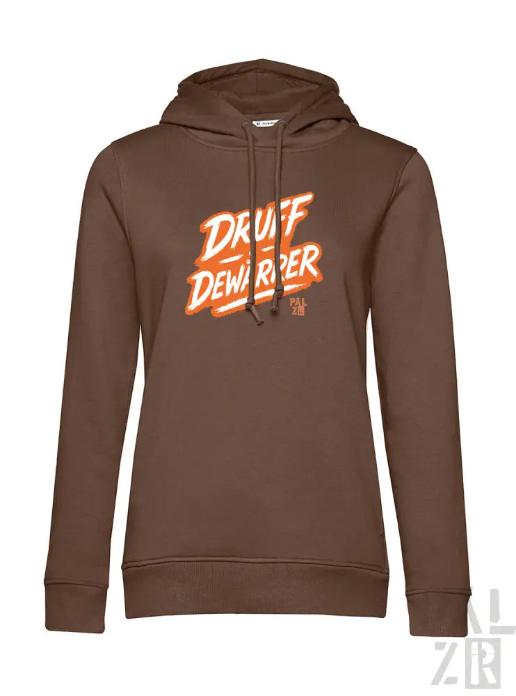 Braune Kapuzenjacke mit ’druff dewarper’-Grafik in orange-weißer Gestaltung, aus weicher Baumwollmischung.