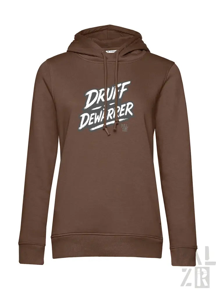 Braune Kapuzenpulli mit ’druff dewarper’ Grafikdesign, Material einer Kapuzenjacke.