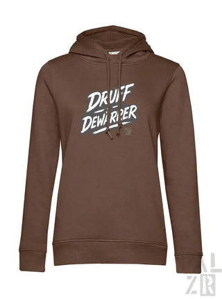 Braune Kapuzenpulli mit ’druff dewarper’ Grafikdesign, Material einer Kapuzenjacke.