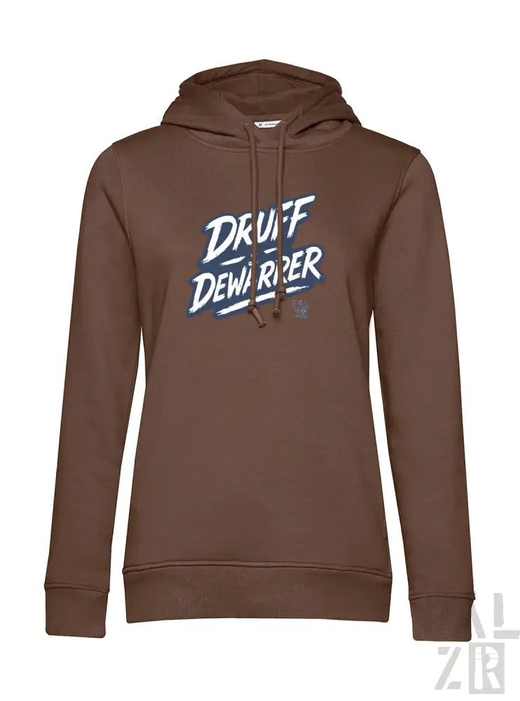Brauner Hoodie mit ’druff demarper’ Grafikdesign, hergestellt aus einer Baumwolle- und Polyestermischung.