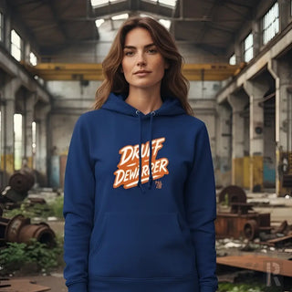 Königsblaue Kapuzenjacke mit ’druff dewbopper’-Grafik in Orange und Weiß, aus weichem Baumwollstoff.