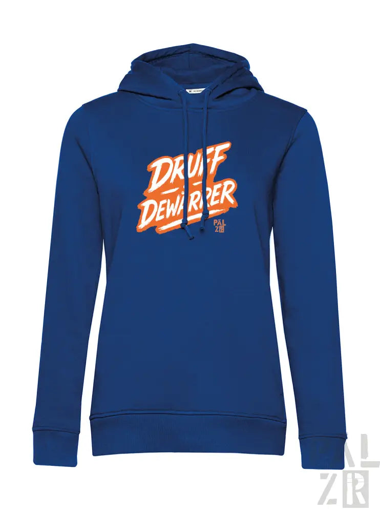 Königsblaues Hoodie mit ’drift dewarper’-Grafik in Orange- und Weißdesign, mit Kordelkapuze.