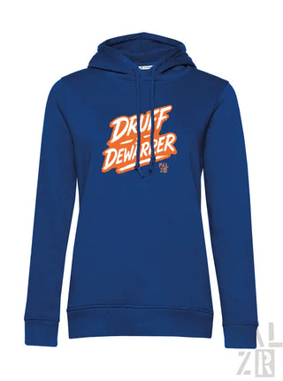 Königsblaues Hoodie mit ’drift dewarper’-Grafik in Orange- und Weißdesign, mit Kordelkapuze.