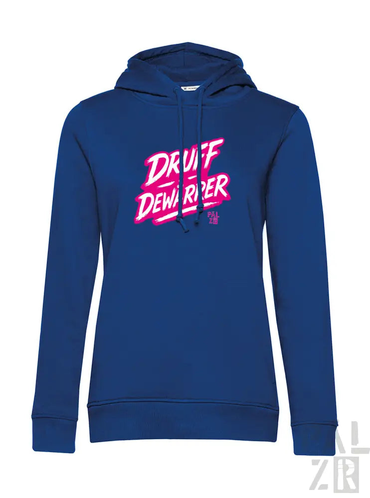 Königsblaues Hoodie mit ’druff dewarper’-Grafik in Pink und Weiß, Material eines Kapuzen-Sweatshirts.