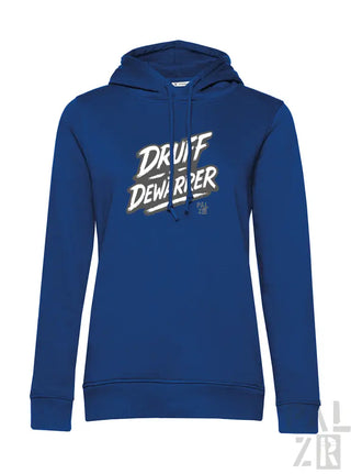 Königsblaues Hoodie mit ’druff dewarper’ Grafikdesign, Material eines Kapuzen-Sweatshirts.