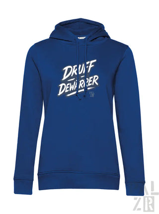 Königsblaues Hoodie mit ’druff demurper’ Grafikdesign, hergestellt aus weicher Baumwollmischung.