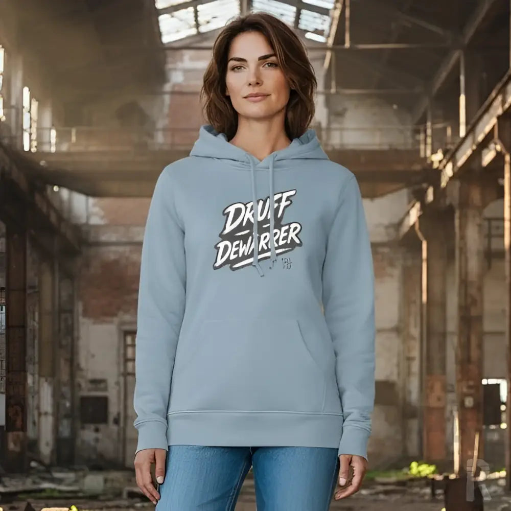 Hellblaues Hoodie mit ’druff dewarrier’ Grafikdesign, Material eines Hooded Sweatshirts.