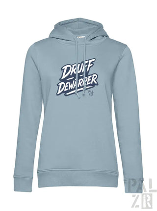 Hellblaues Hoodie mit ’druff dewariper’ Grafikdesign, Kordelkapuze und langen Ärmeln.