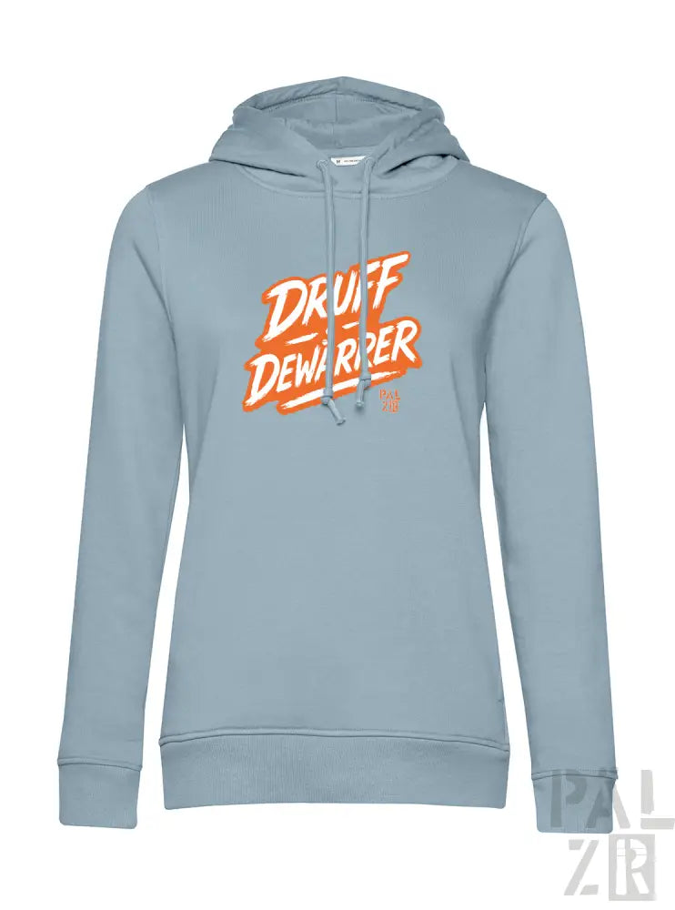 Hellblauer Hoodie mit orange- und weißem ’druff dewarper’ Grafikdesign, aus weichem Baumwollstoff gefertigt.