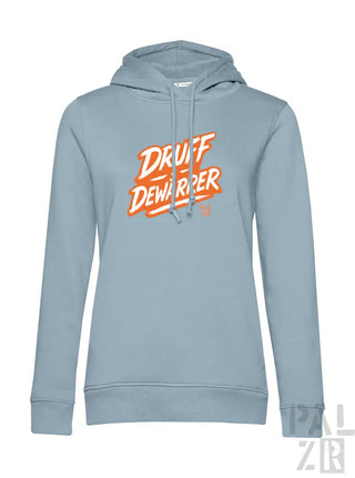 Hellblauer Hoodie mit orange- und weißem ’druff dewarper’ Grafikdesign, aus weichem Baumwollstoff gefertigt.