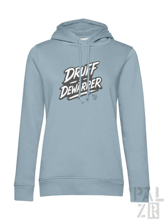 Hellblaues Hoodie mit ’droff dewariper’ Grafikdesign.