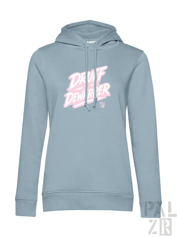Blaues Hoodie mit ’drift defender’-Grafik in Pink und Weiß, Material eines Kapuzen-Sweatshirts.