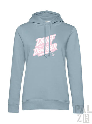 Blaues Hoodie mit ’drift defender’-Grafik in Pink und Weiß, Material eines Kapuzen-Sweatshirts.