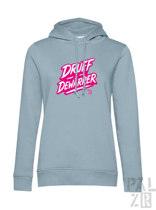 Hellblaues Hoodie mit ’druff dewariper’-Grafik in Pink und Weiß, Material eines Kapuzen-Sweatshirts.