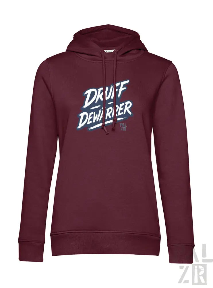 Bordeaux-Farbenes Hoodie mit ’druff demurper’ Grafikdesign, Kordelkapuze und gerippten Bündchen und Saum.