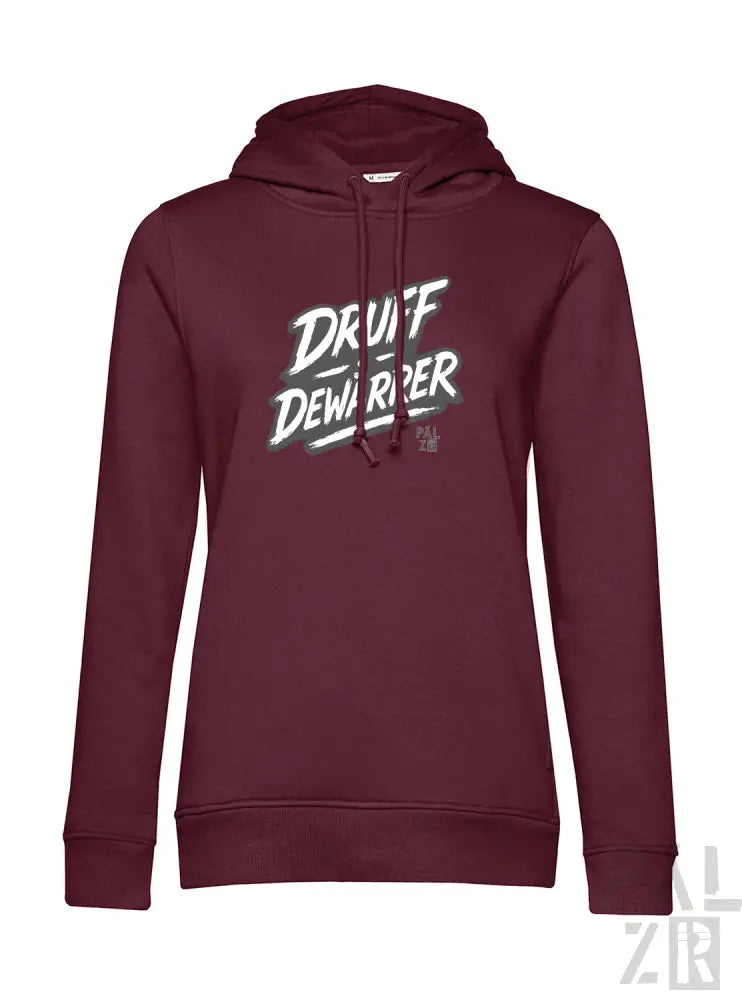 Bordeaux-Kapuzenpullover mit ‘druff dewarper’ Grafikdesign, aus Baumwolle- und Polyestermischung gefertigt.