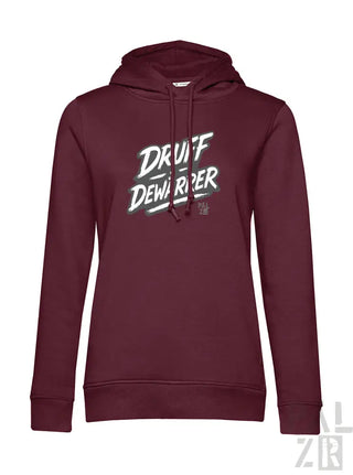Bordeaux-Kapuzenpullover mit ‘druff dewarper’ Grafikdesign, aus Baumwolle- und Polyestermischung gefertigt.