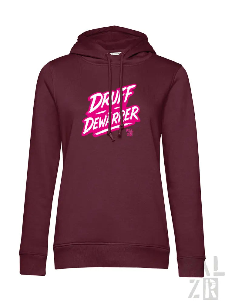 Bordeaux-Farbenes Hoodie mit neonpinkem ’druff dewarper’ Grafikdesign, Material eines Kapuzen-Sweatshirts.