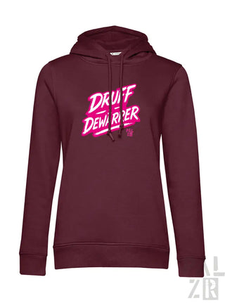 Bordeaux-Farbenes Hoodie mit neonpinkem ’druff dewarper’ Grafikdesign, Material eines Kapuzen-Sweatshirts.