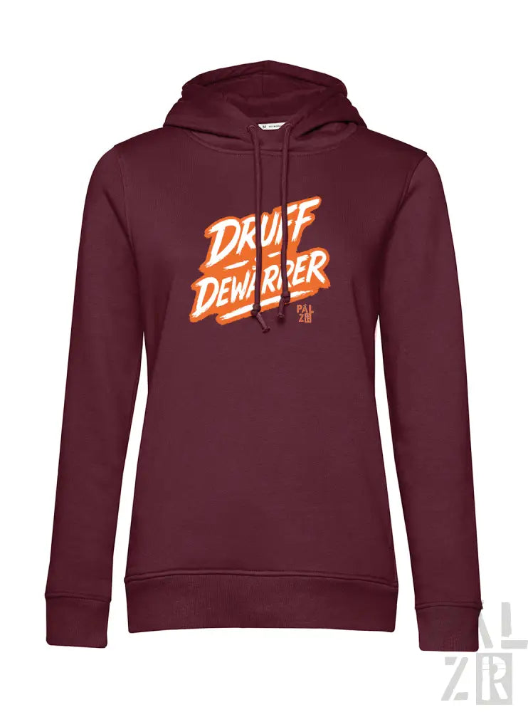 Bordeaux-Farbenes Hoodie mit ’druff dewarper’ Grafikdesign, Baumwollmaterial.