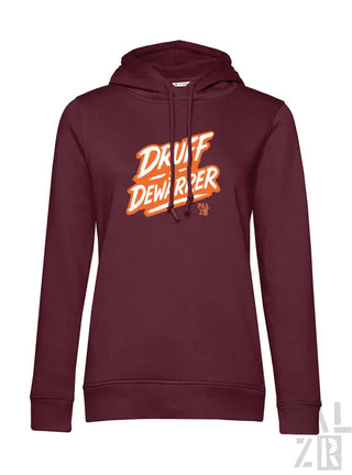Bordeaux-Farbenes Hoodie mit ’druff dewarper’ Grafikdesign, Baumwollmaterial.