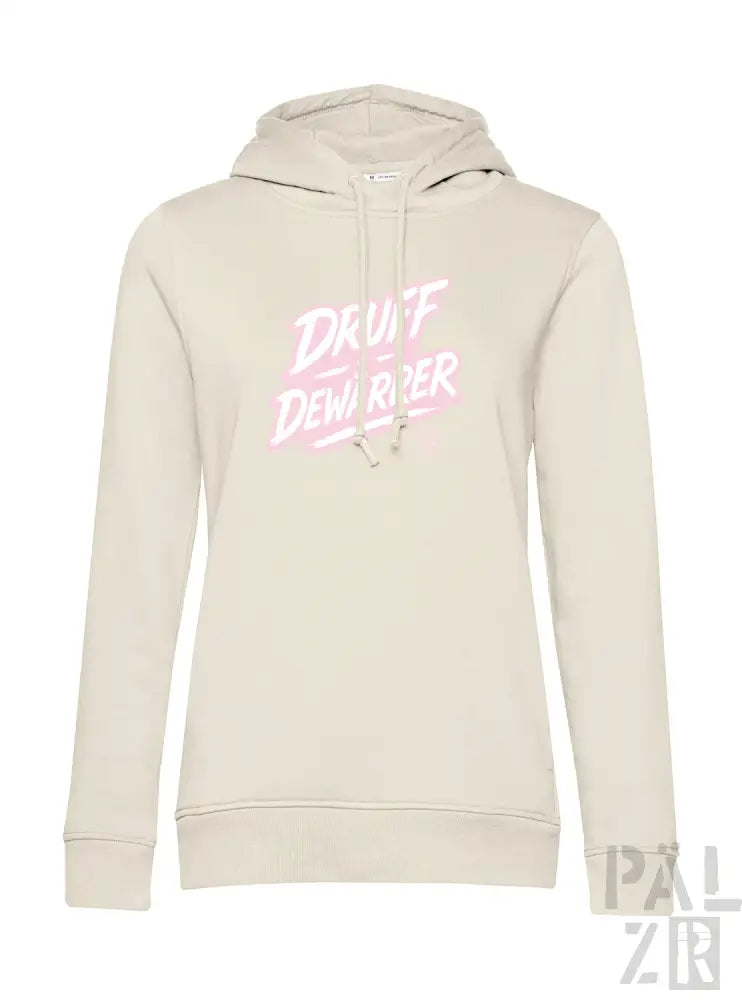 Creme-farbene Hoodie mit ’drift dew river’-Grafik in pink und weißem Design.