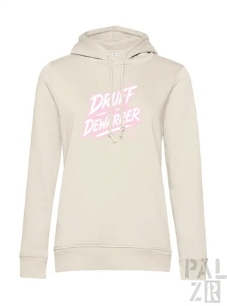 Creme-farbene Hoodie mit ’drift dew river’-Grafik in pink und weißem Design.