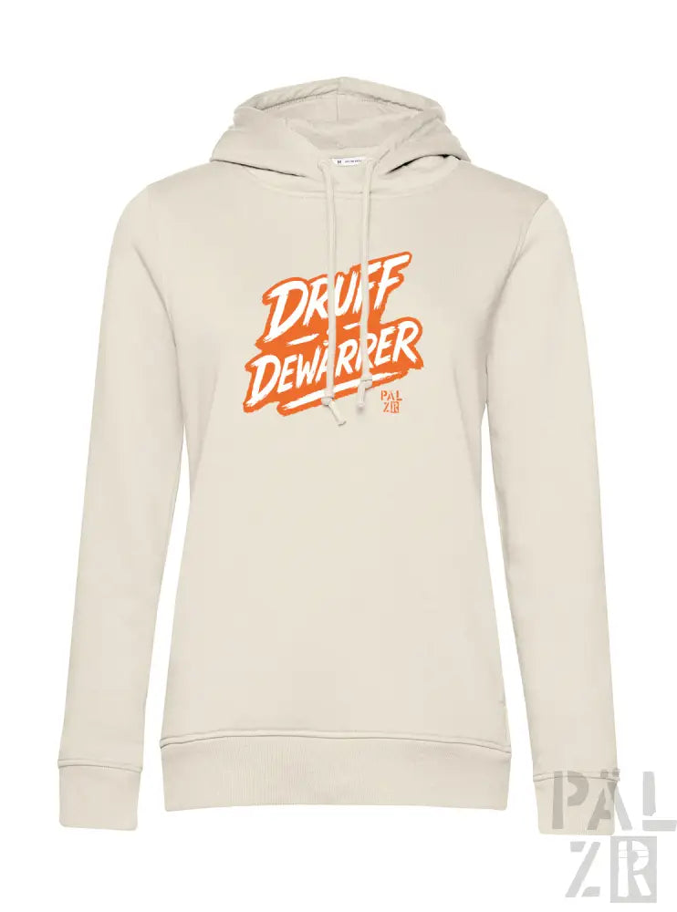 Cremeweiße Kapuzenjacke mit orange- und schwarzfarbener Textgestaltung, mit Grafik ’druff dewarrier’.