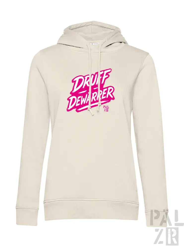 Cremeweiße Kapuzenjacke mit ’druff dewarrier’-Text in Pink und Schwarz, mit Kapuzendesign.