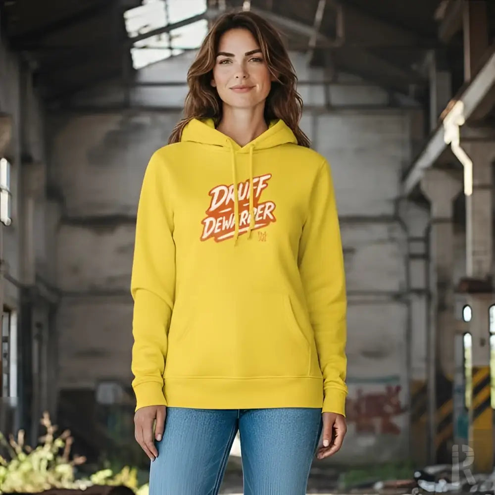 Gelbes Hoodie mit ’druff demarier’ Grafikdesign, Material eines Hooded Sweatshirts.