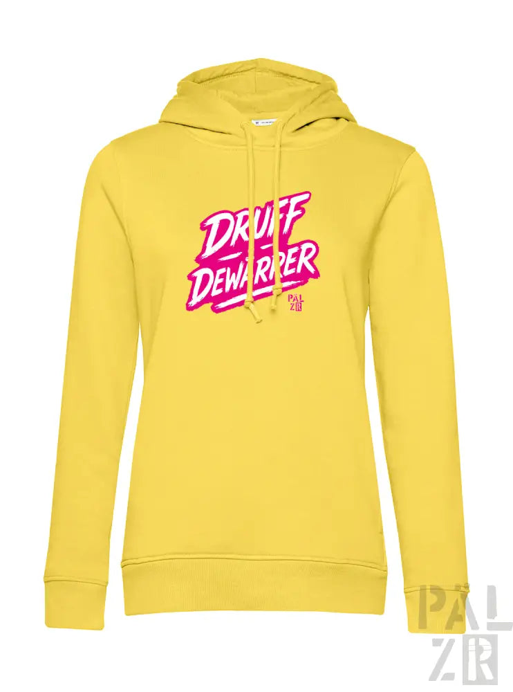 Gelbes Hoodie mit ’druff dewarpper’ Grafikdesign, das ein pink- und weißes Logo zeigt.