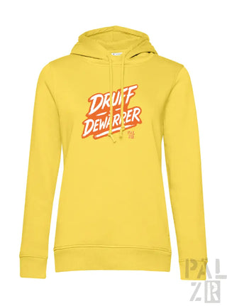 Gelbes Hoodie mit ‘druff dewarpper’ Grafikdesign.