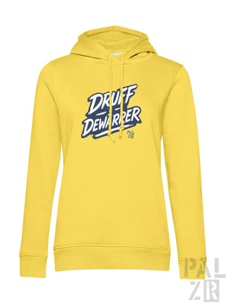 Gelbes Hoodie mit ’druff dewarpper’ Grafikdesign, hergestellt aus einer Baumwolle- und Polyestermischung.