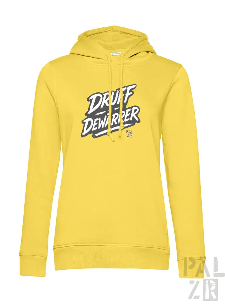 Gelbes Hoodie mit ’druff dewarpper’ Grafikdesign.
