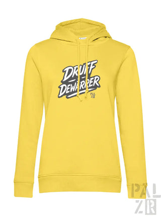 Gelbes Hoodie mit ’druff dewarpper’ Grafikdesign.