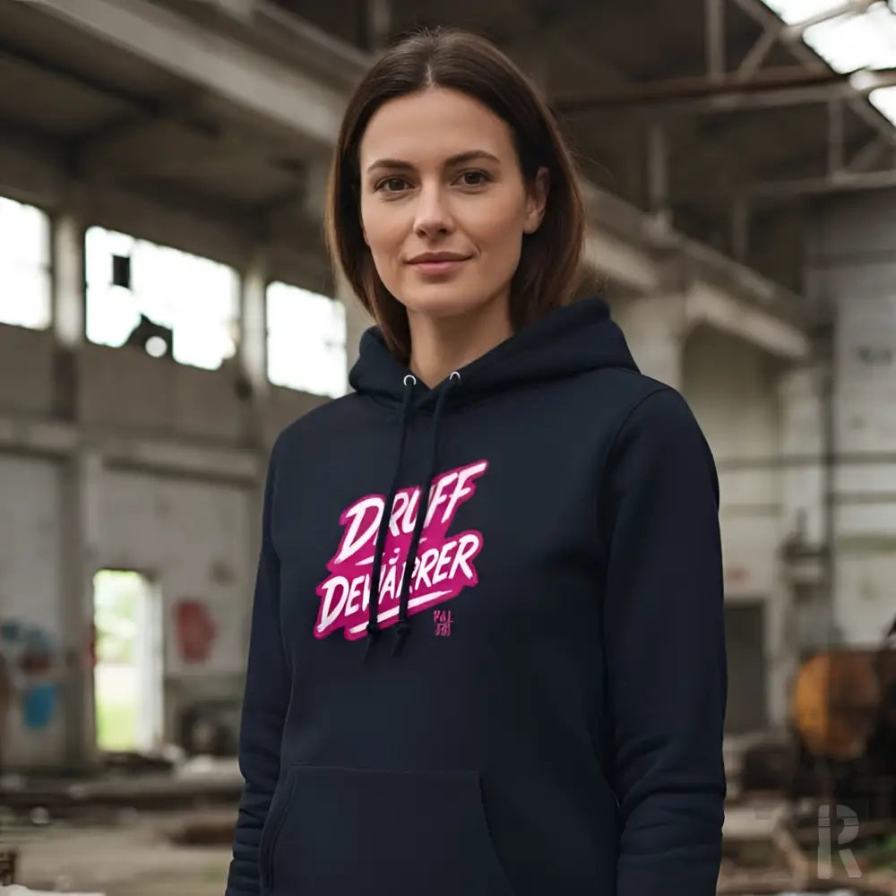 Marineblaue Kapuzenjacke mit neonpinkem und weißem ’druff devourer’ Grafikdesign.