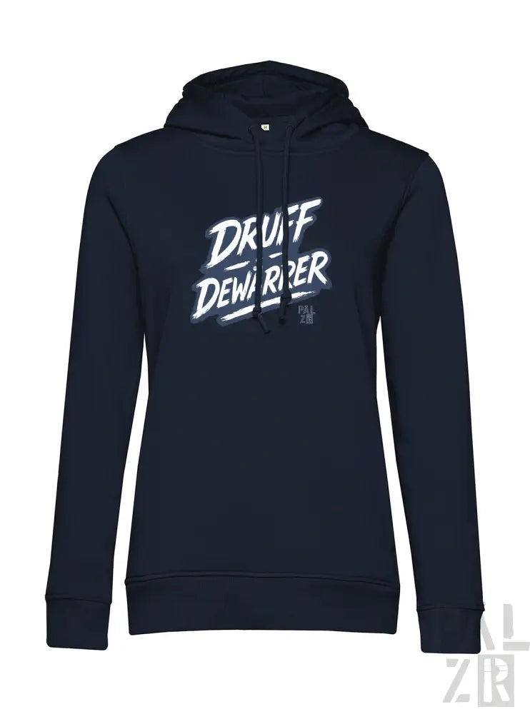 Marineblaue Kapuzenjacke mit ’druff demolisher’ Grafikdesign, Material aus Kapuzenschweißshirt.