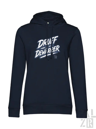 Marineblaue Kapuzenjacke mit ’druff demolisher’ Grafikdesign, Material aus Kapuzenschweißshirt.
