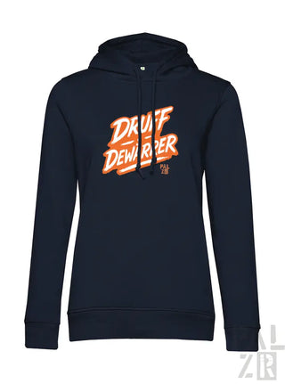 Marineblaue Kapuzenjacke mit ’drift dewarper’-Grafik in orange-weißem Design.