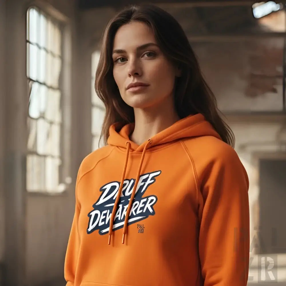 Orange Kapuzenpulli mit ‘duff defender’ Grafikdesign, aus Baumwolle gefertigt.