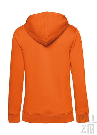 Orange Kapuzenpulli mit Kordelzugkapuze und gerippten Bündchen, aus Fleece-Material gefertigt.