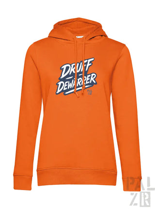 Orange Kapuzenpulli mit ’druff dewarper’ Grafikdesign.