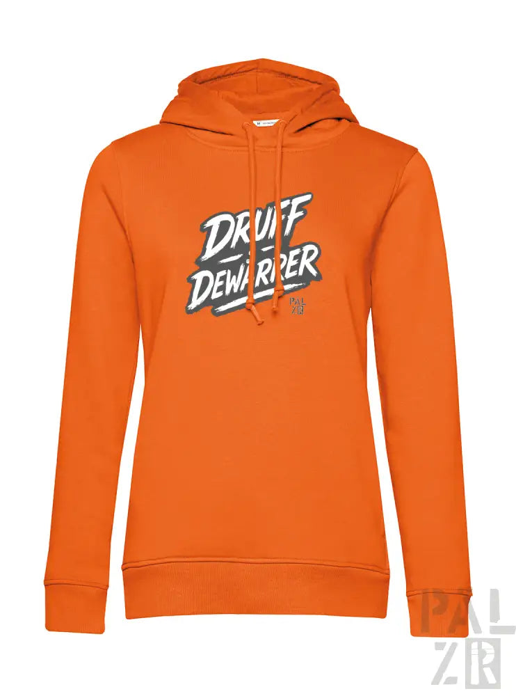 Orangefarbene Kapuzenjacke mit ’druff dewarper’ Grafikdesign.