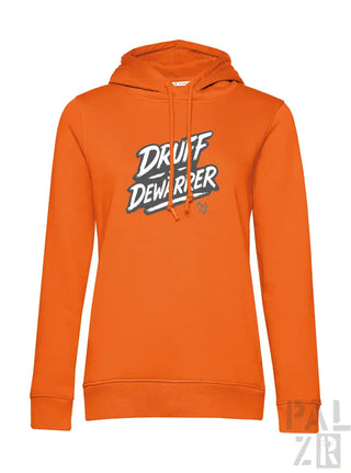 Orangefarbene Kapuzenjacke mit ’druff dewarper’ Grafikdesign.