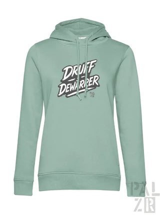 Minzgrüner Hoodie mit ’druff dewarrper’ Grafikdesign, Material eines Kapuzen-Sweatshirts.