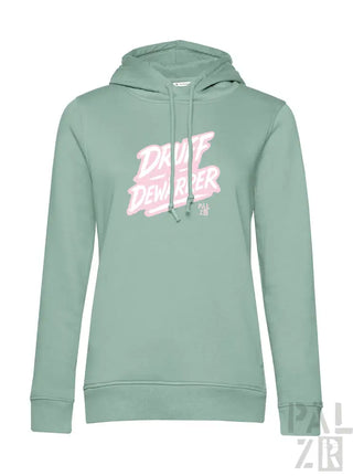 Minzgrüner Hoodie mit pinkem ’drift demolisher’ Grafikdesign, Material eines Hooded Sweatshirts.