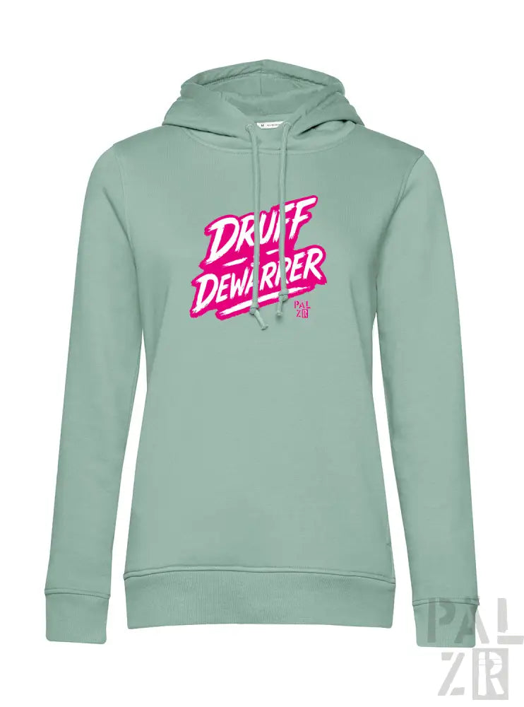 Minzgrüner Hoodie mit ’druff dewarpper’-Grafik in pink-weißem Design.